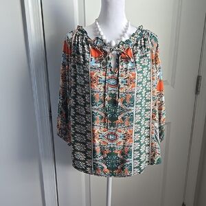 Green and Orange Boxy Blouse with Tie Front NWOT Size small